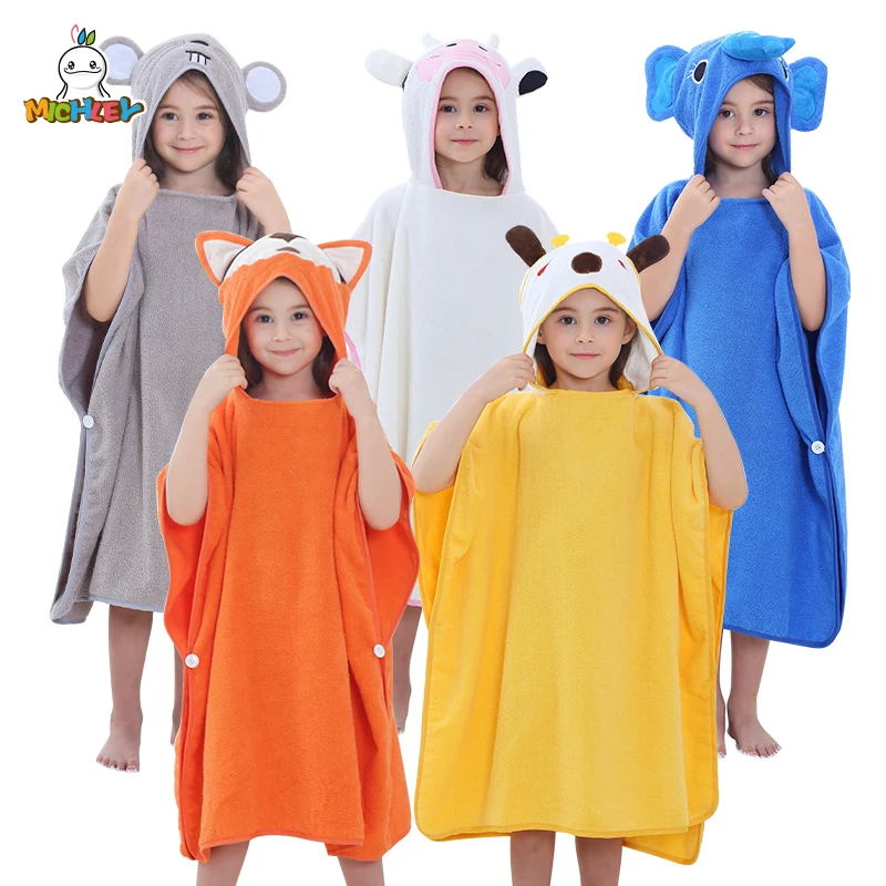 MICHLEY Cartoon Cotton Kids Bath Towel Poncho Hooded Beach Towels Bathing Bathrobe Unisex Washcloth For Girls Boys Children 2-6T