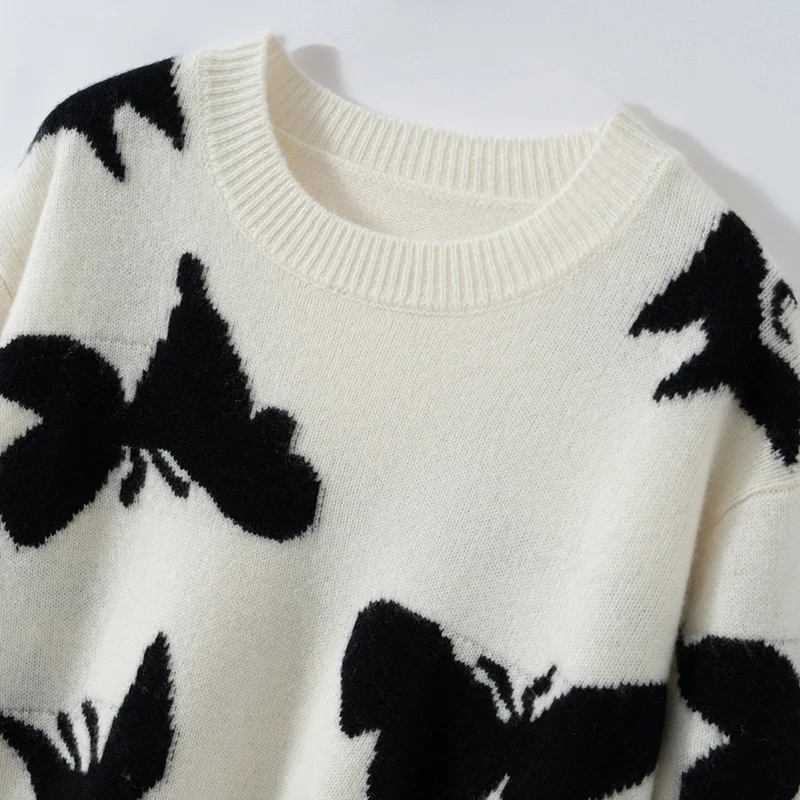 O-neck 100% Cashmere Pullover Sweater New Autumn Winter Women's Bufferfly Loose  Casual High-end Warm Knitted Long Sleeve Tops