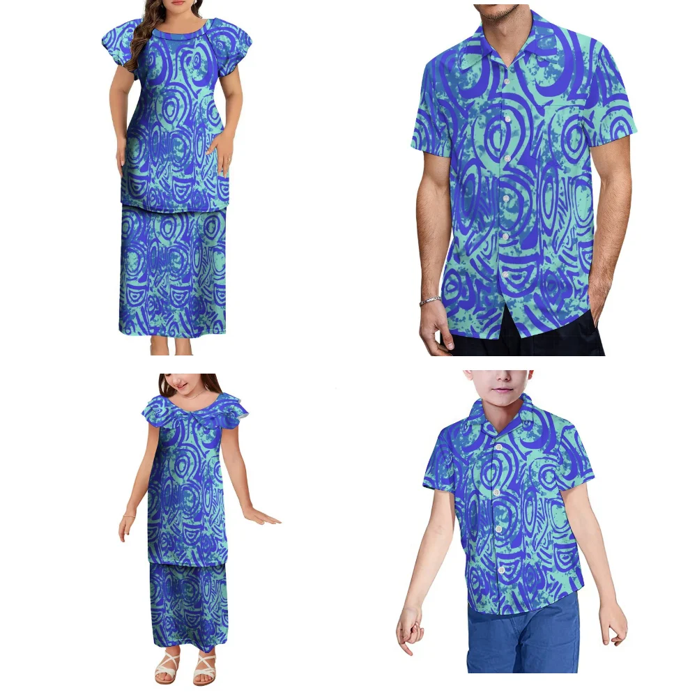 Nuovo set di abiti a maniche corte Puletasi da donna dell'isola polinesiana Abito lungo da ragazza Set da famiglia per feste hawaiane Camicia da uomo