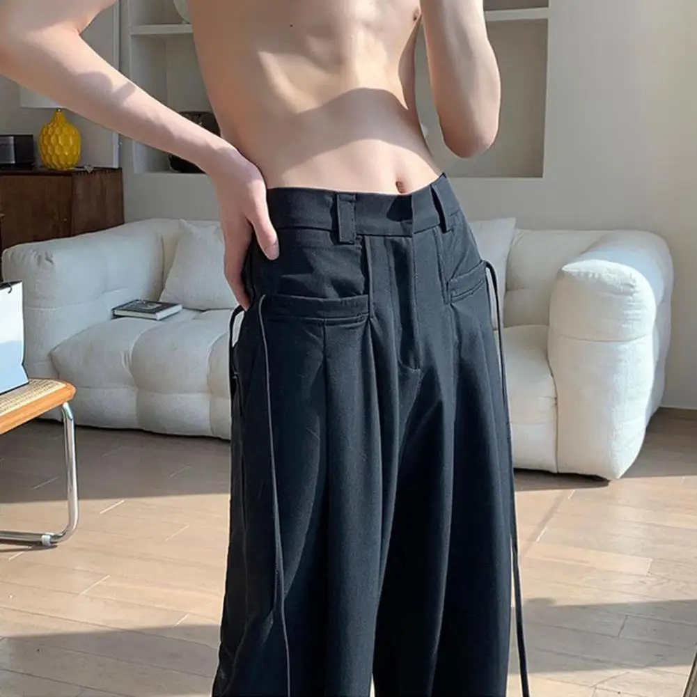 

For Summer Casual Zippered Deep Crotch Trousers With Pockets And Ropes Men Wide Leg Pants Solid Color Ice Silk Leg Men Trousers