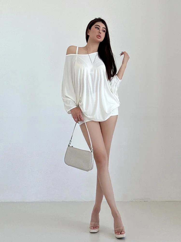 Pure Desire Big Round Neck Bat Sleeve T-shirt Women Summer Thin Shirt Loose Top Dress Elegant Loose Casual T Shirt Dress XRT7