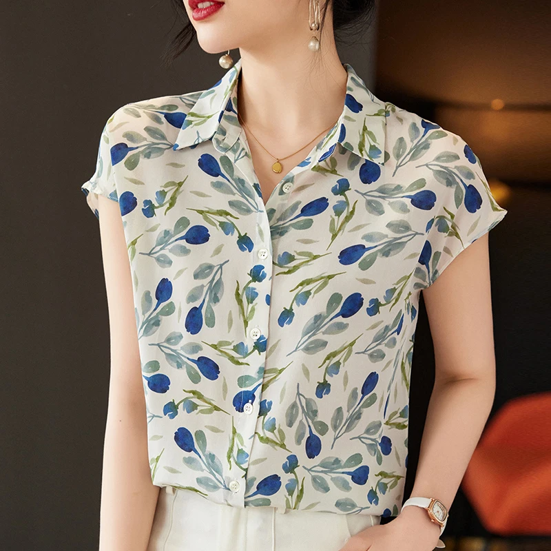 

100% Натуральный Шелк Женская Рубашка с Цветочным Принтом 2026 Лето Элегантные Модные Рубашки и Блузки для Женщин Свободные Топы Офисная Блузка для Леди