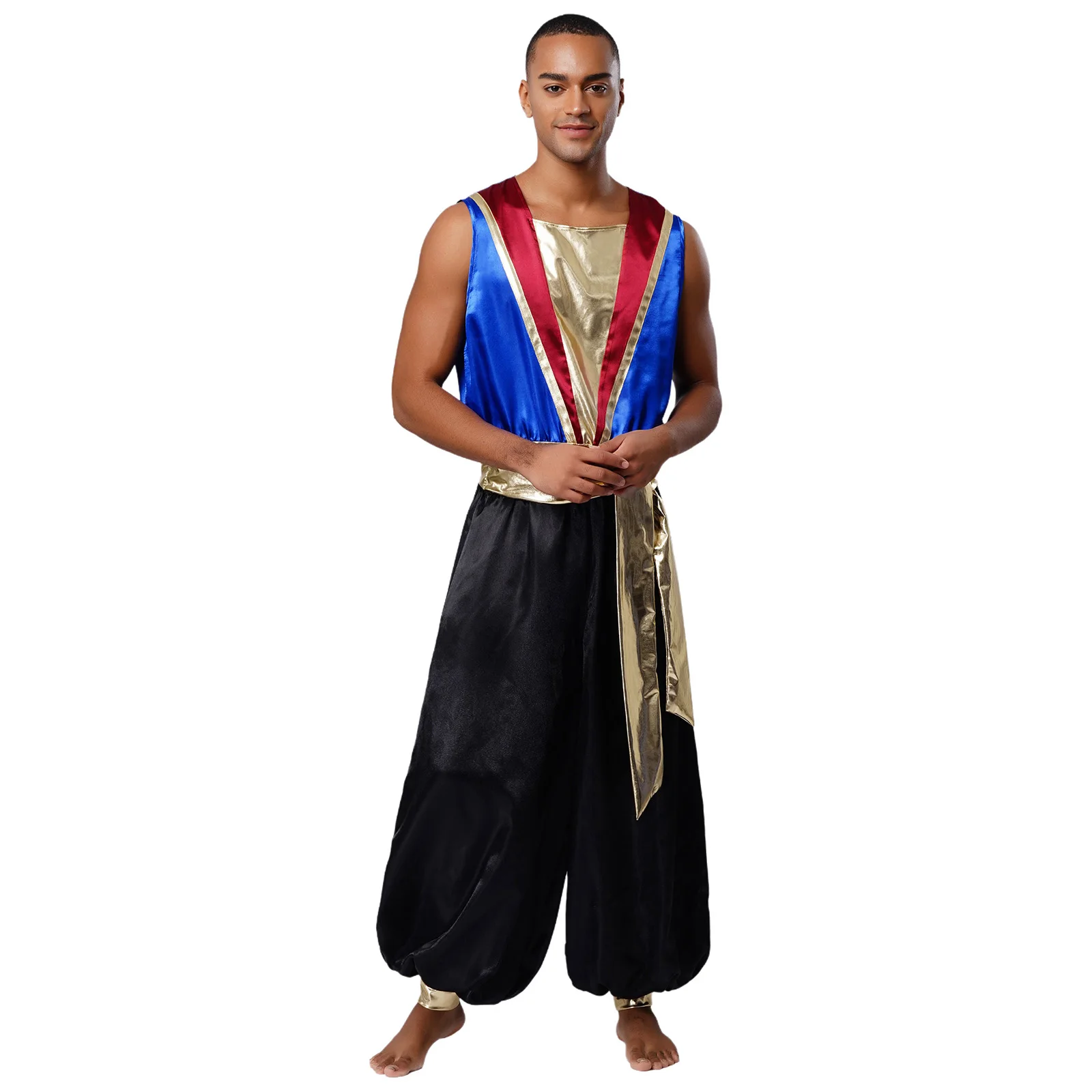 

Men's Arabian Indian Dubai Prince King Cosplay Costumes Halloween Carnival Sleeveless Prince Warrior Role Play Jumpsuit