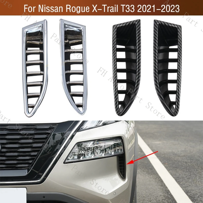 

2PCS For Nissan Rogue X-Trail XTrail T33 2021 2022 2023 Chrome Carbon Fiber Front Bumper Trim Air Vent Outlet Grille Cover