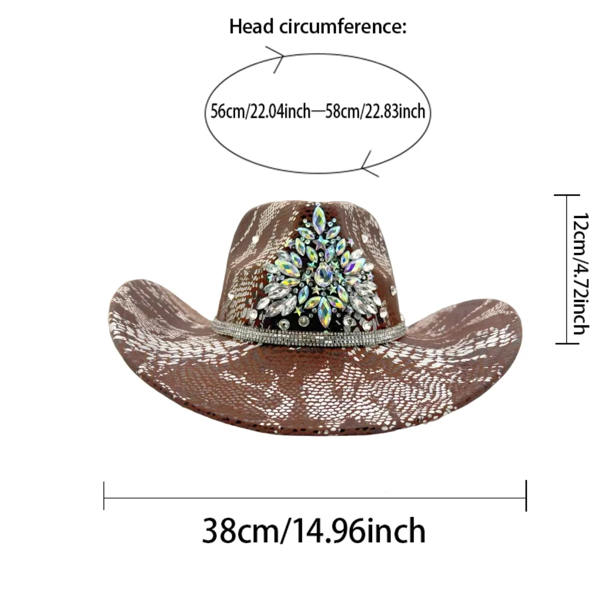 HongLuan Brown Glitter Costume Hat Adult & Cowboy Hats Rhinestone for Woman, Cowboy Cosplay Female Accessories & Cowgirl Cap