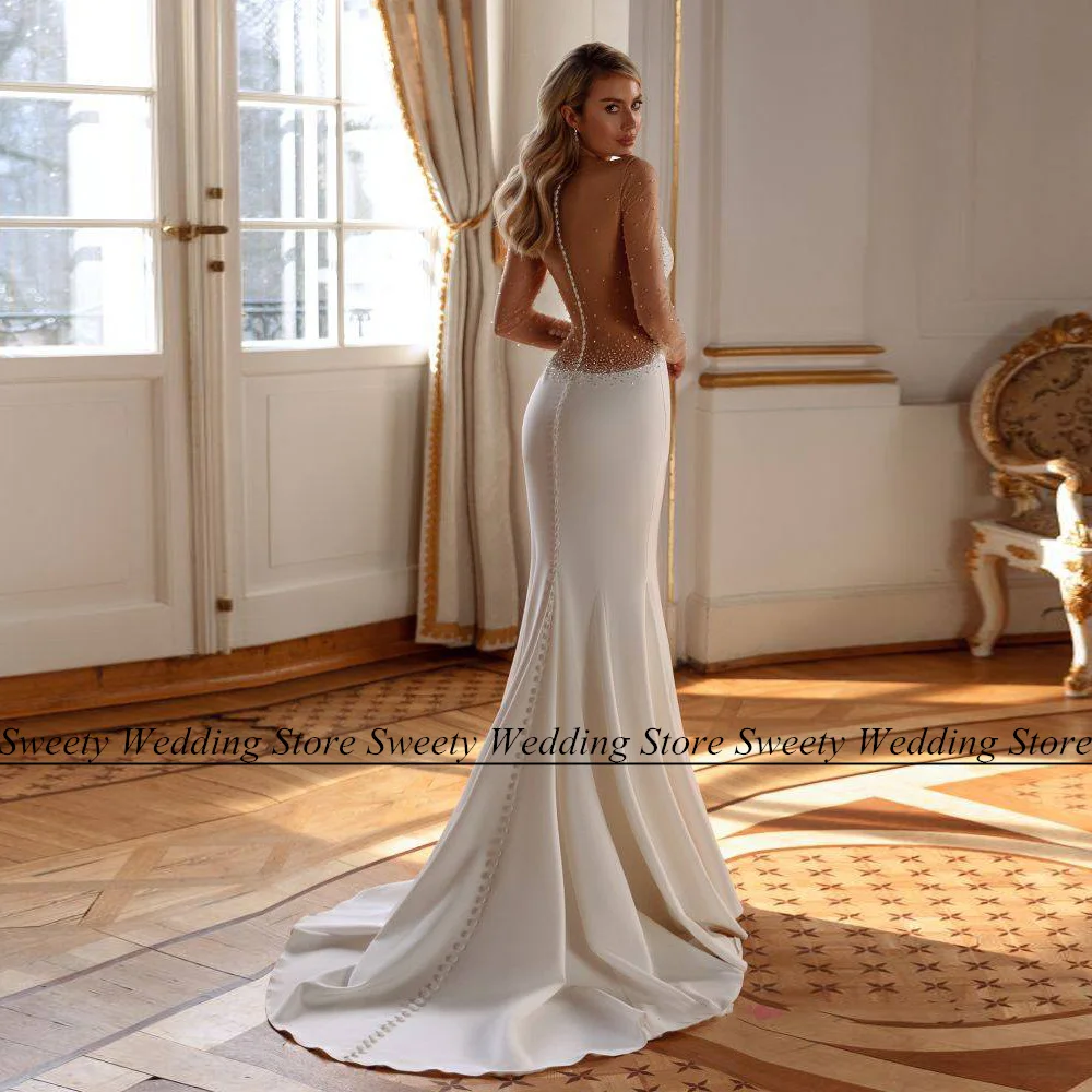 Robe de Mariée Sirène Transparente à Paillettes et Perles, Manches sulf, Col Rond, Dos Libre, pour Patients Commandés