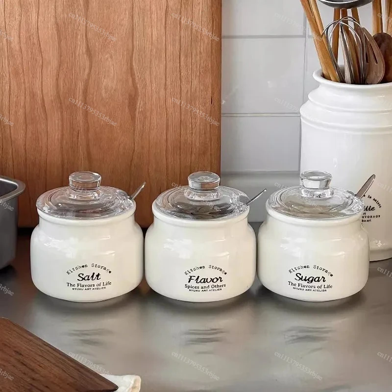 Medieval Vintage Kitchen Ceramic Seasoning Jar Sugar and Salt Bowls with Lid and Spoon, Spice Container for Kitchen
