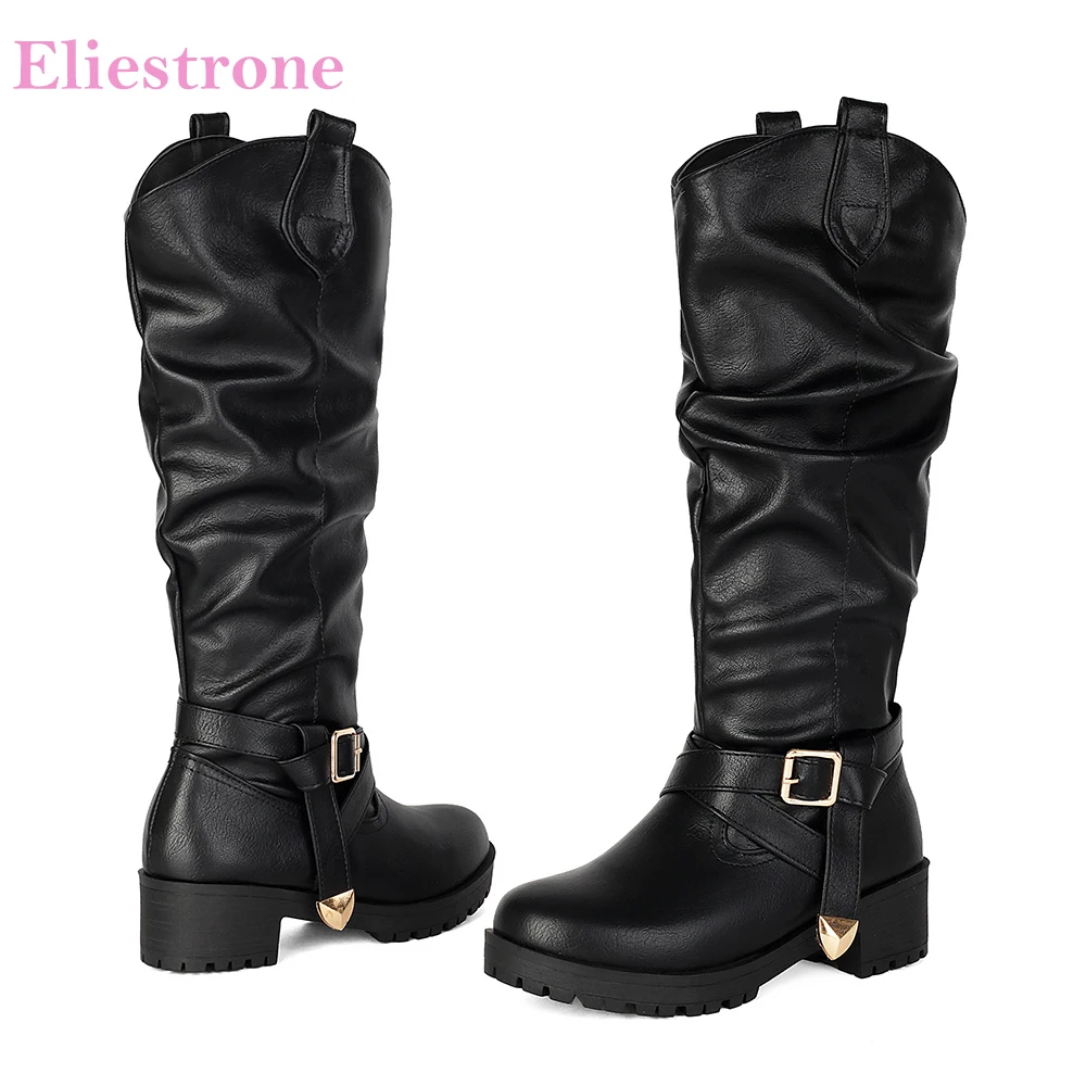 2026 Winter Fashion Women Knee High Riding Boots Oversized Med Block Heels Lady Casual Shoes Large Plus Size 10 43 45 Non-slip