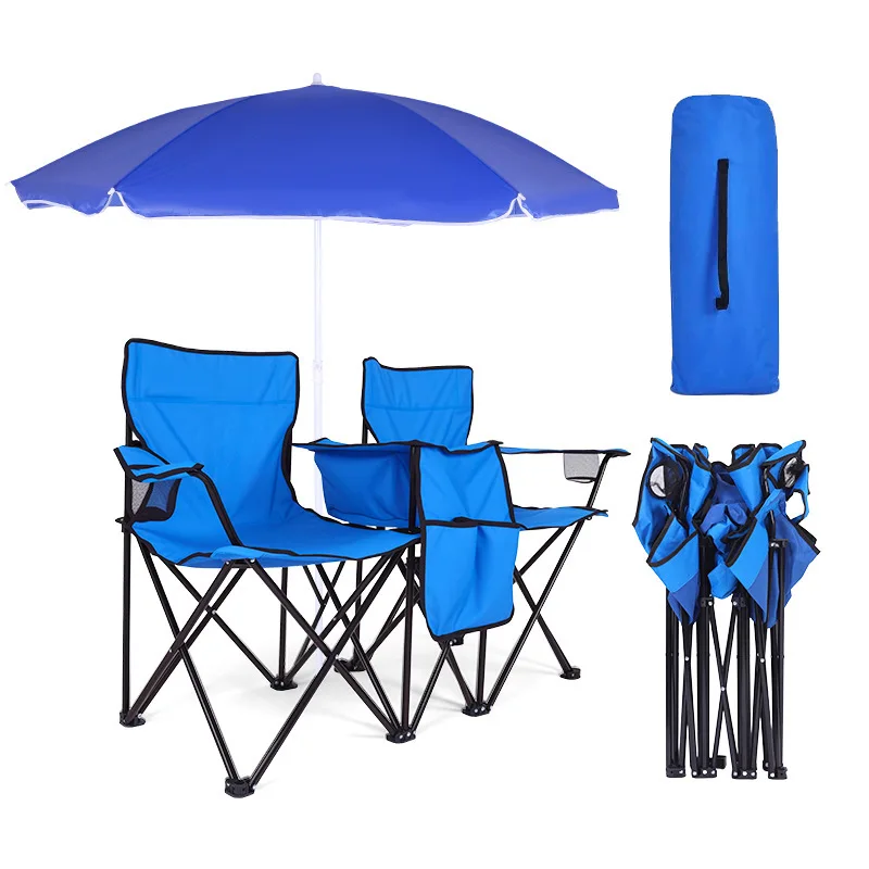 

Outdoor two-seater camping beach chair with parasol, portable and lightweight folding furniture for adults