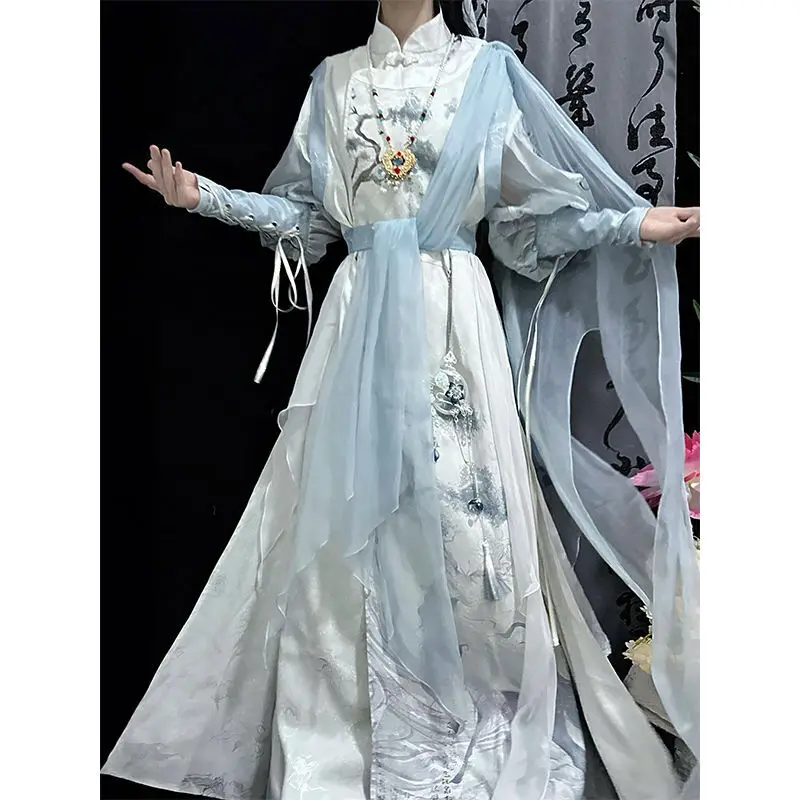 Youth White Horse Drunken Spring Breeze Hanfu Fengjiu Shirt Improved Han Elements Round Neck Robe Summer Men's and Women's