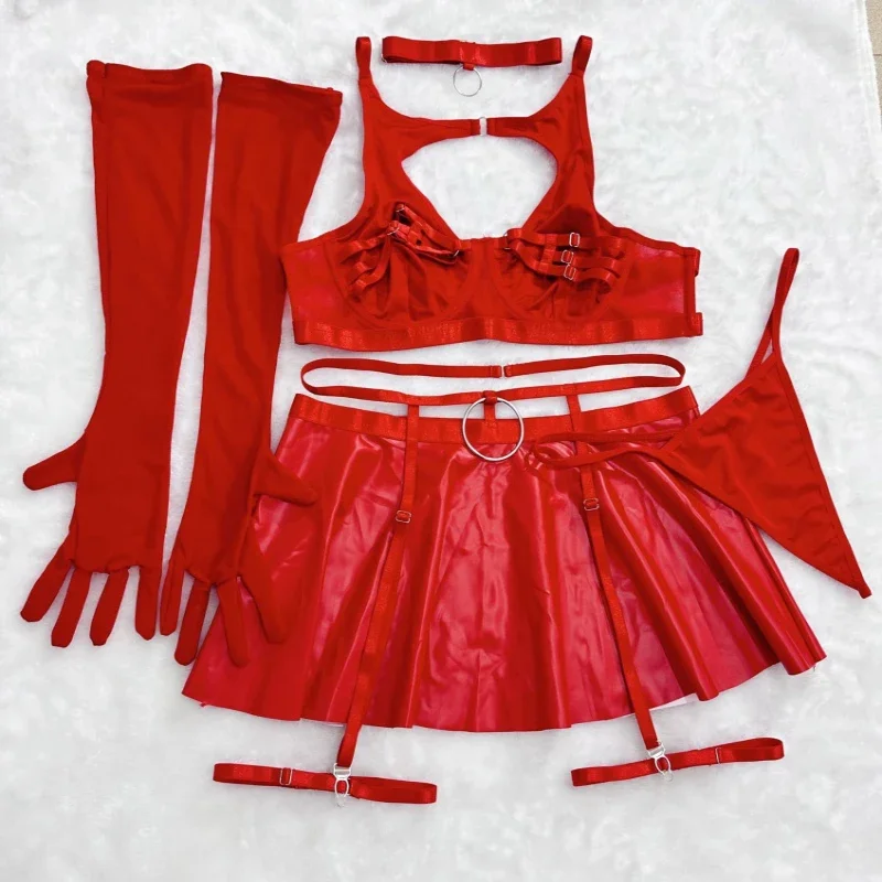 Bikini Sexy Bra Lingerie Set Solid Color Leather Apron Garter Belt Women In Stock