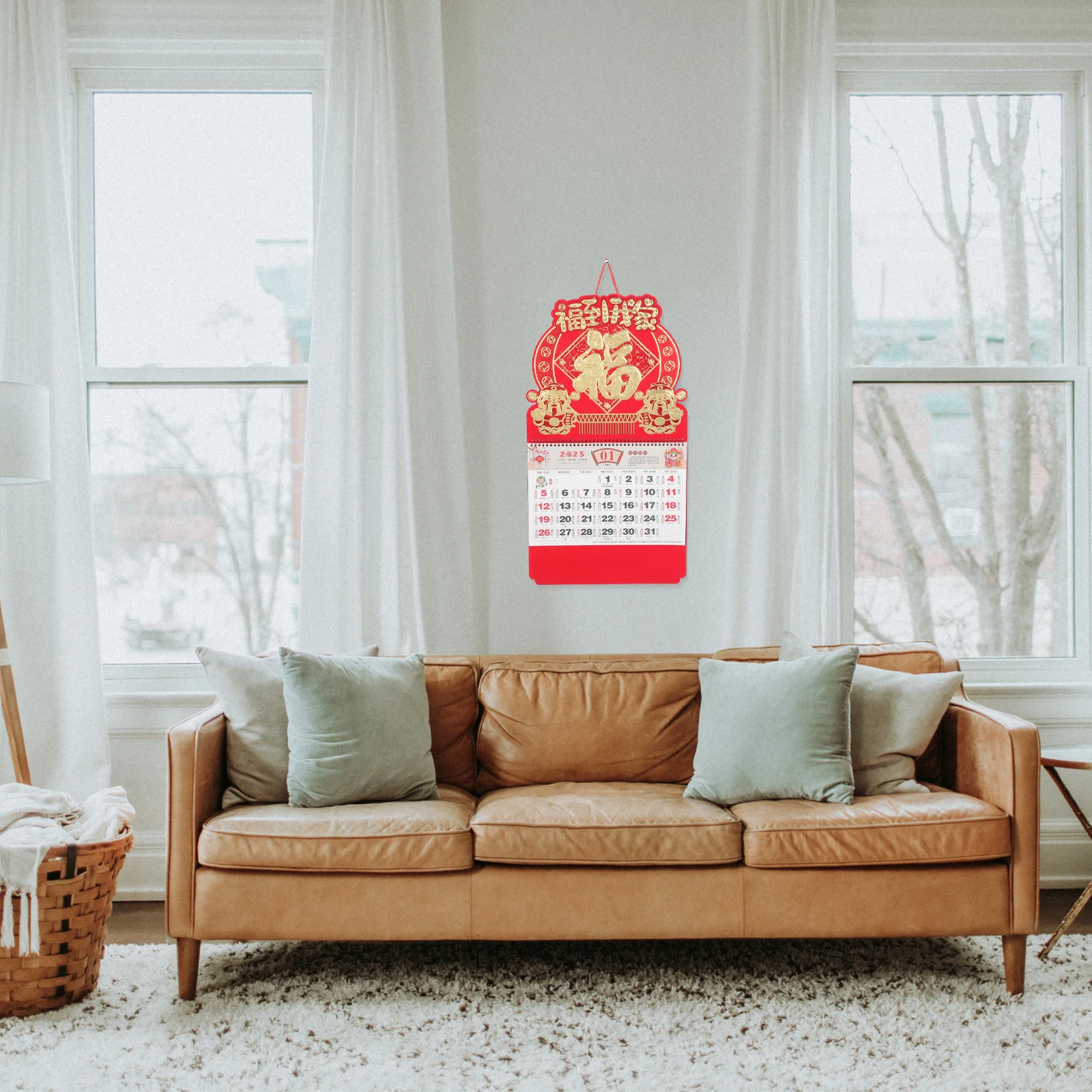 

Chinese New Year 2025 Snake Year Wall Calendar Red Embossed Fortune Plaque Decorative Monthly Planner for Home Office Festive