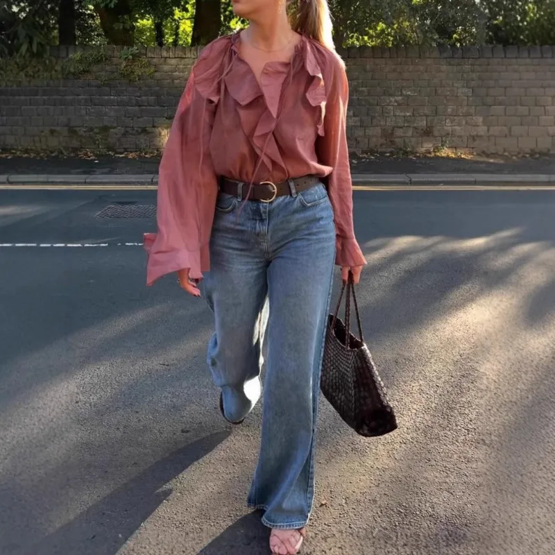

2025 Summer New Fashionable Ruffle Edge Lace Up Shirt, Niche and Unique Temperament, Commuting Top for Women