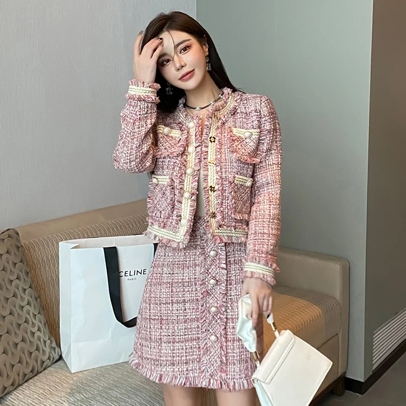 

Women Tweed Vintage Tassel Party Suit Jacket Coat And Skirt Two Piece Set Matching Outfit 2023 Winter Jacquard Fashion Clothes