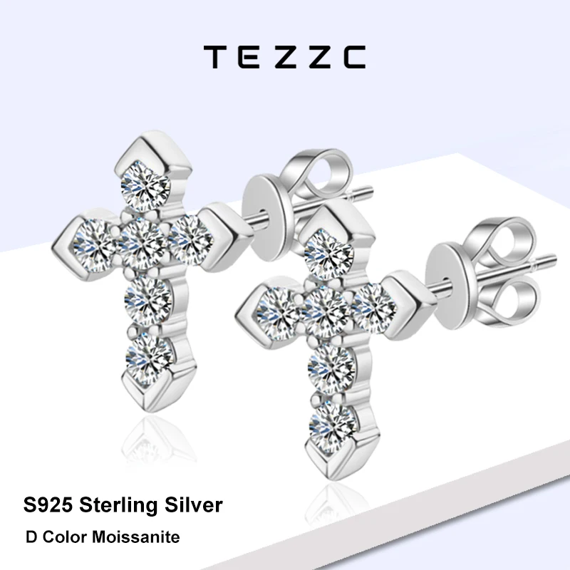 

Tezzc 2025 новые серьги с муассанитом для мужчин и женщин, религиозные серьги-гвоздики в стиле хип-хоп с крестом, стерлинговое серебро 925 пробы, ювелирные изделия, подарок
