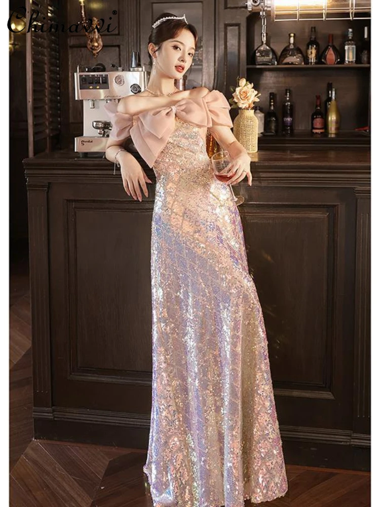 

High-End Fashion French Lady Temperament Long Dress Spring Sweet Cute Elegant Pink Sequin High Waist Sleeveless A- Line Dress