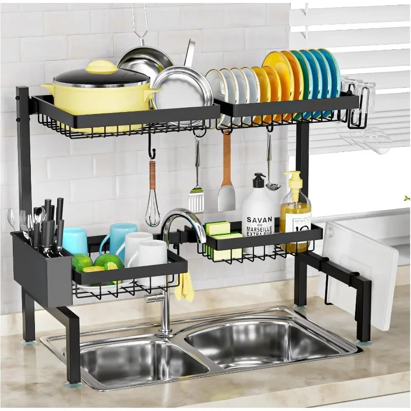 

Двухуровневые 4 корзины] Сушилка для посуды над раковиной, 24,8–35,4 дюйма, большая полка для раковины для кухни, расширяемая и регулируемая, экономия