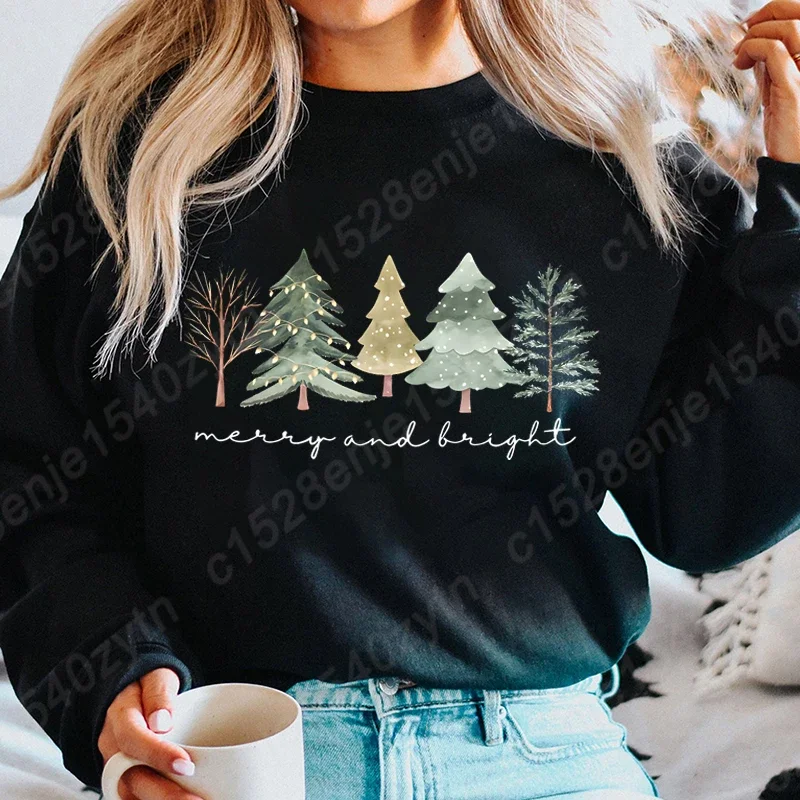 Festive Christmas Tree Print Long Sleeve Sweatshirts for Women, Perfect for Winter and Fall Casual Wear