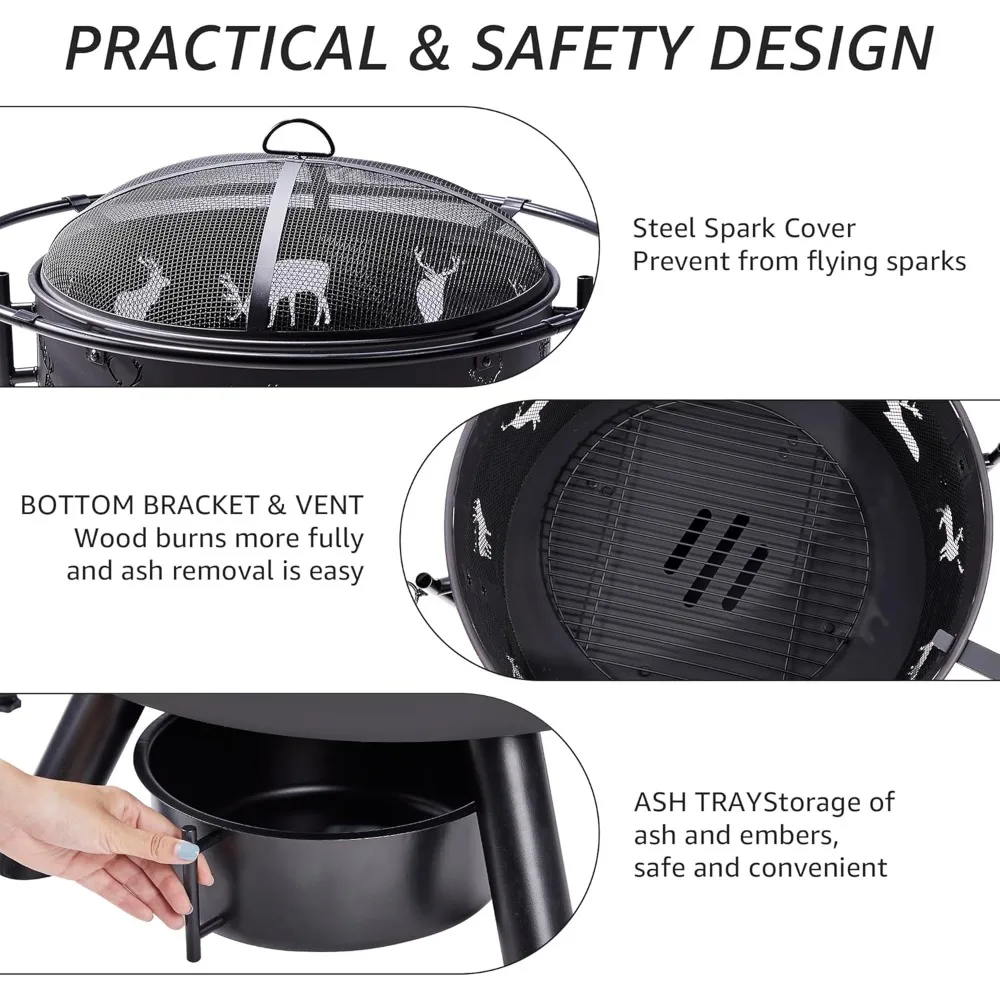 حفرة نار كبيرة مقاس 32 بوصة مع شوايتين، حفرة نار لحرق الخشب في الهواء الطلق مع شبكة طبخ وغطاء لعبة البوكر وغطاء دائري مقاوم للماء f #4