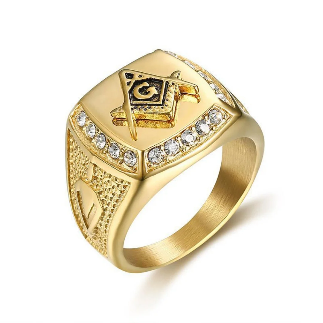 Mystic Masonic Symbol Ring 19mm Chunky Men's Gold Color Stainless Steel Crystal Zircon Square Master Mason Rings for Man Jewelry