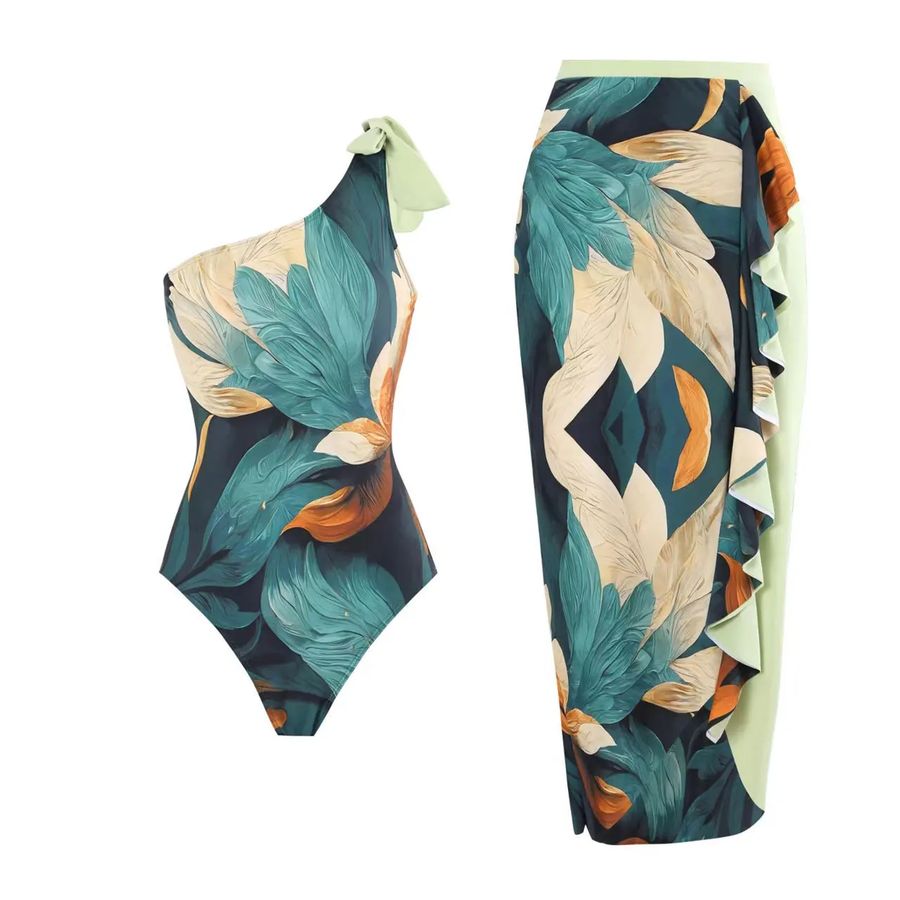 

2024 new women's swimwear vintage one-shoulder chiffon beach dress bikini set printed long skirt beach swimsuit for women