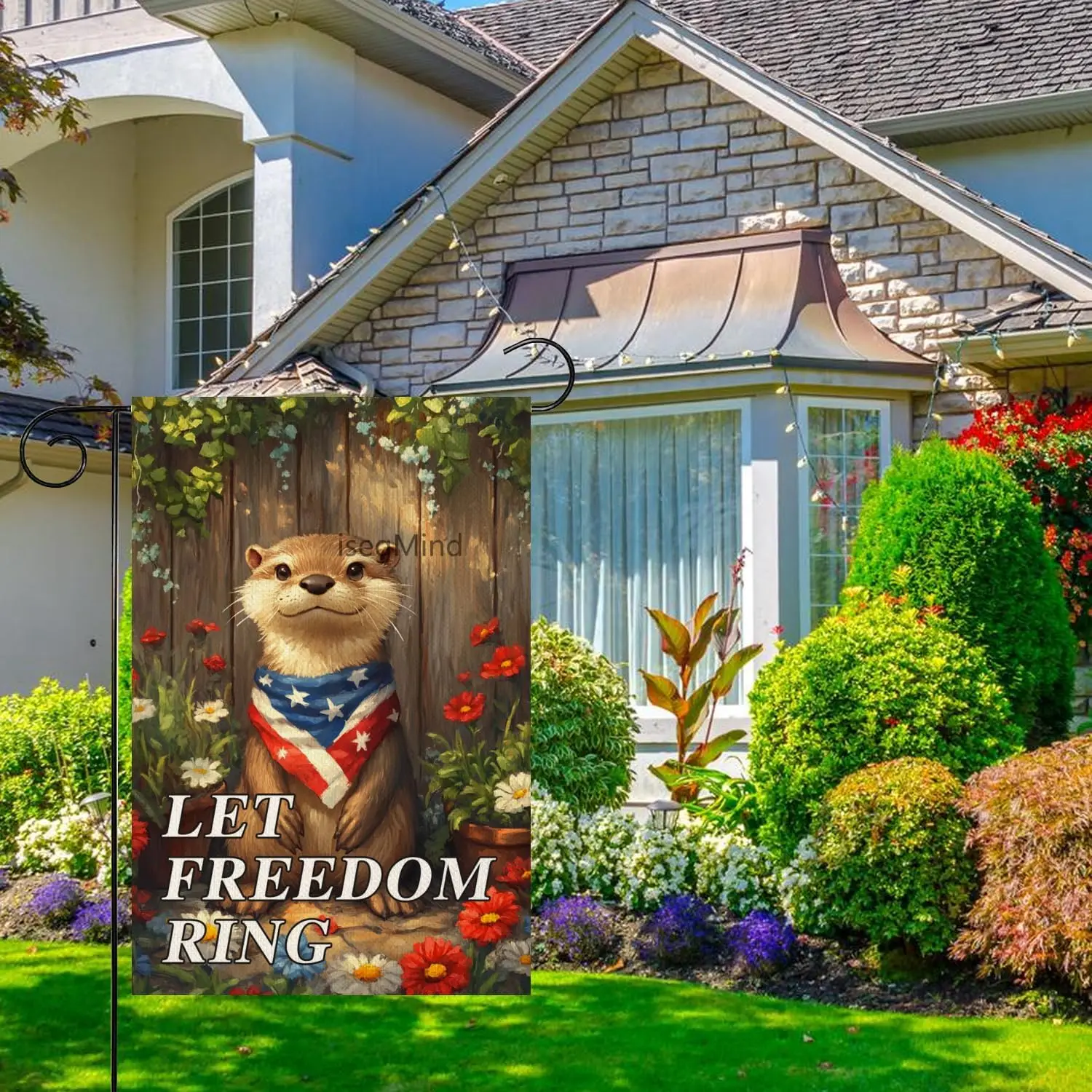 Let Freedom Ring Garden Flag 12x18 Inch Double Sided Linen, 4th of July Otter Garden Flags Patriotic Memorial Day Flower Yar SSL