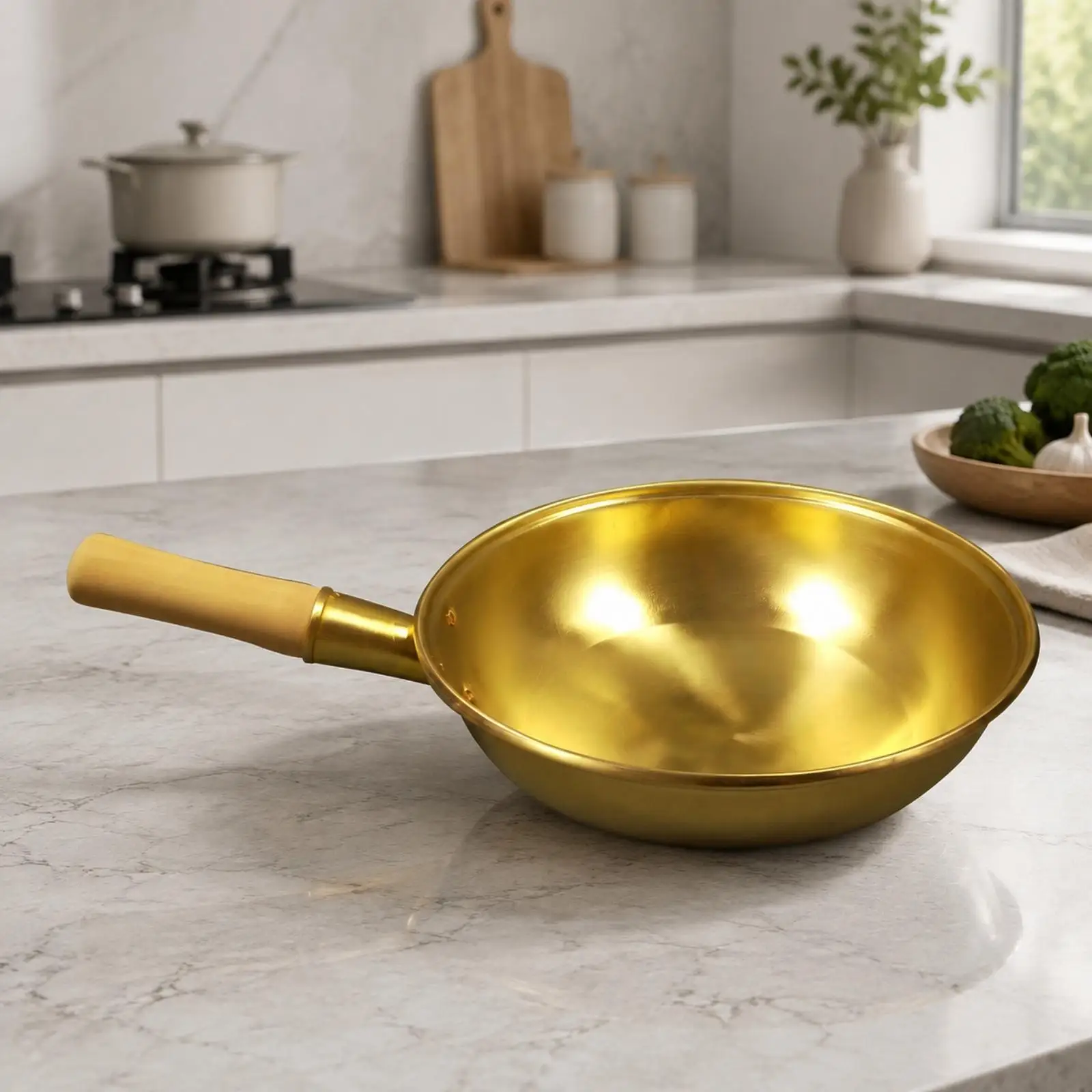 Uncoated Copper Wok Pan Polished Finish Round Bottom Stir Fry Cookware Wooden Handle