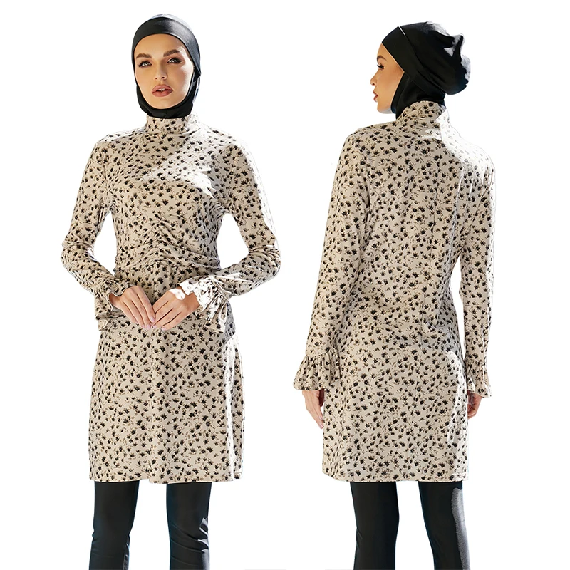 Burkini Badeanzug für muslimische Frau, hohe Hals hose, langer Rock, Bade kappe, 3 Stück, Beige Print, Tauchen, Surfen, neu