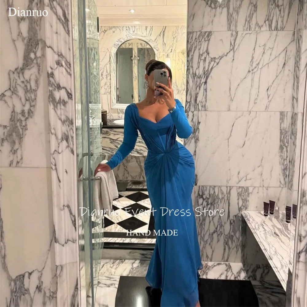 

Dianruo Blue Ruched Sweetheart Evening Dresses Elegant Long Sleeves Abendkleider Dubai Chiffon Dresses For Women 2025 Customized