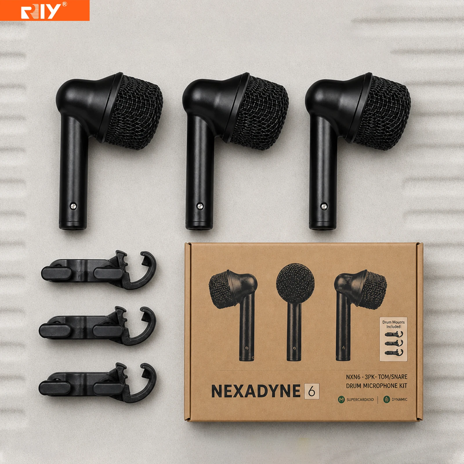 NXN6-3PK Dynamic Drum Microphone Set Three Pieces Supercardioid Pickup for Snare Tom and Percussion Live Sound on Stage, Show