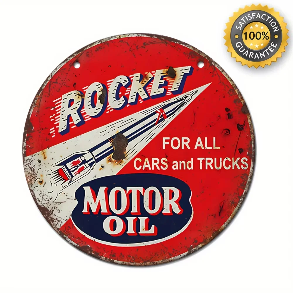Letrero Metálico Vintage de Alta Definición con Diseño de Motor Rocket Oil, Decoración Retro para Autos y Camionetas, Arte Metálico para Pared de Garaje y Cuarto de Hombre