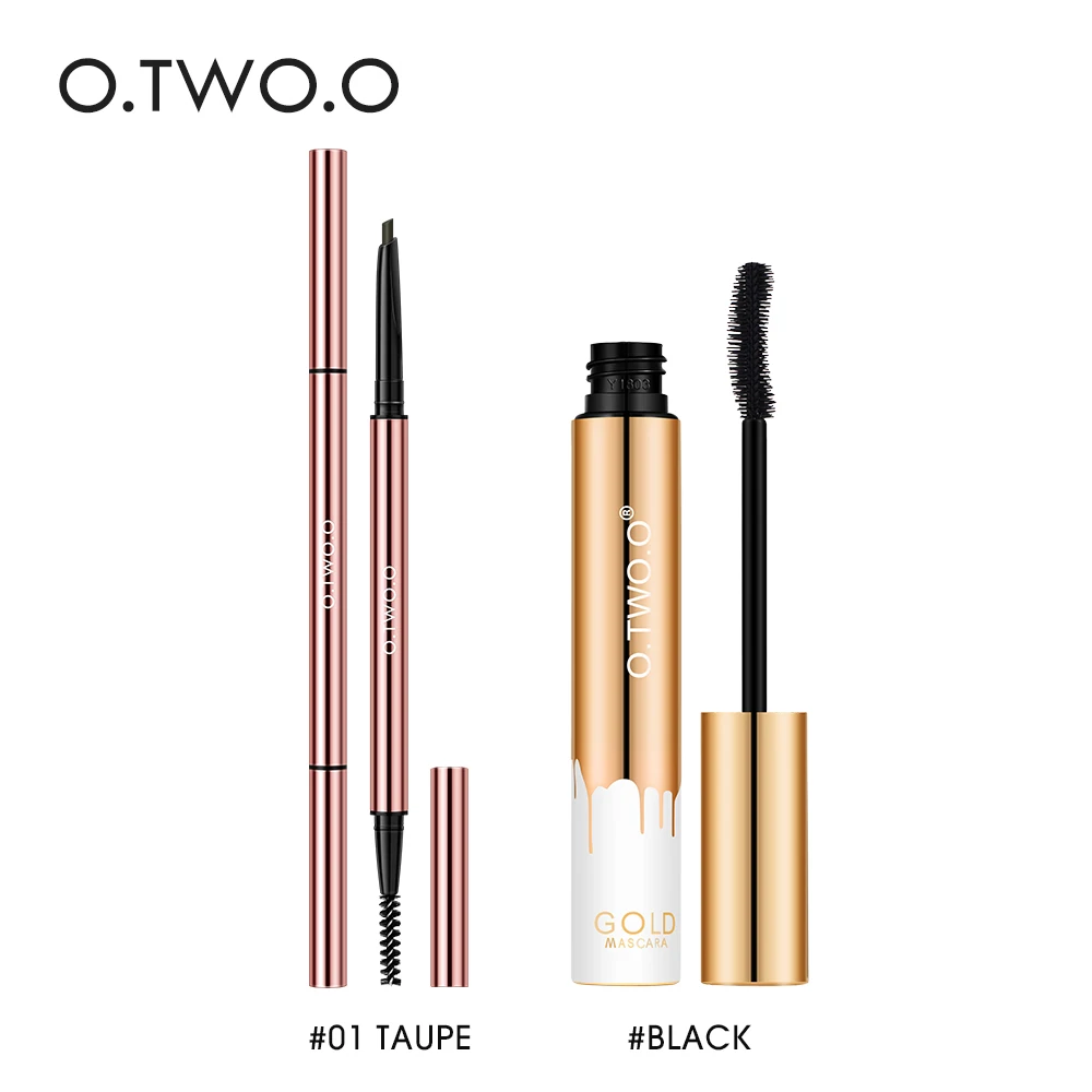 O.TWO.O Mascara Wenkbrauwpotlood Make-Up Set Waterdicht Langdurige Black Mascara Ultra Skinny Brow Potlood 2 Stuks Cosmetica volledige Set