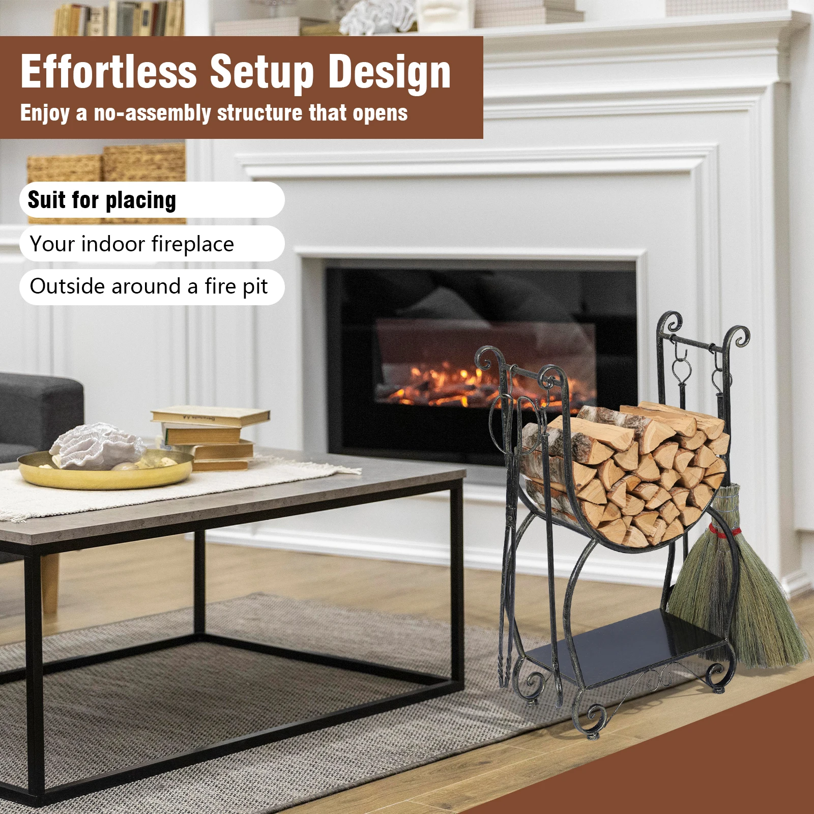 

Metal Firewood Rack Set with 4 Fireplace Tools Fireside Wood Storage Organizer Black Copper Log Holder for Fireplaces