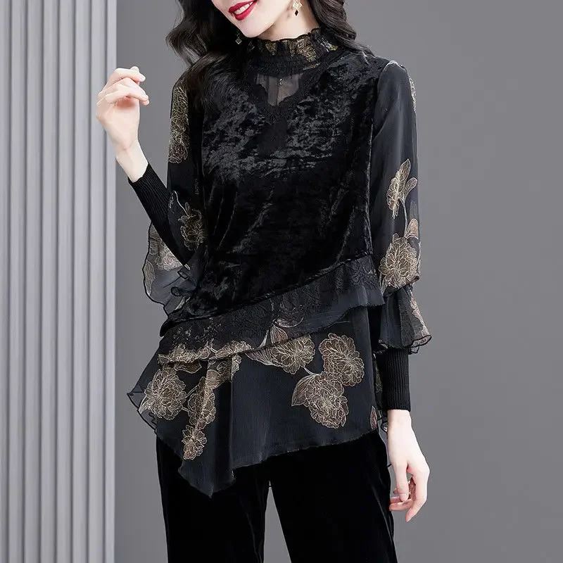 

Women's New Fashion Lace Stitching Velvet Top Middle-aged Mother Autumn Winter Long Sleeve Turtleneck Blouses S-4XL Z793