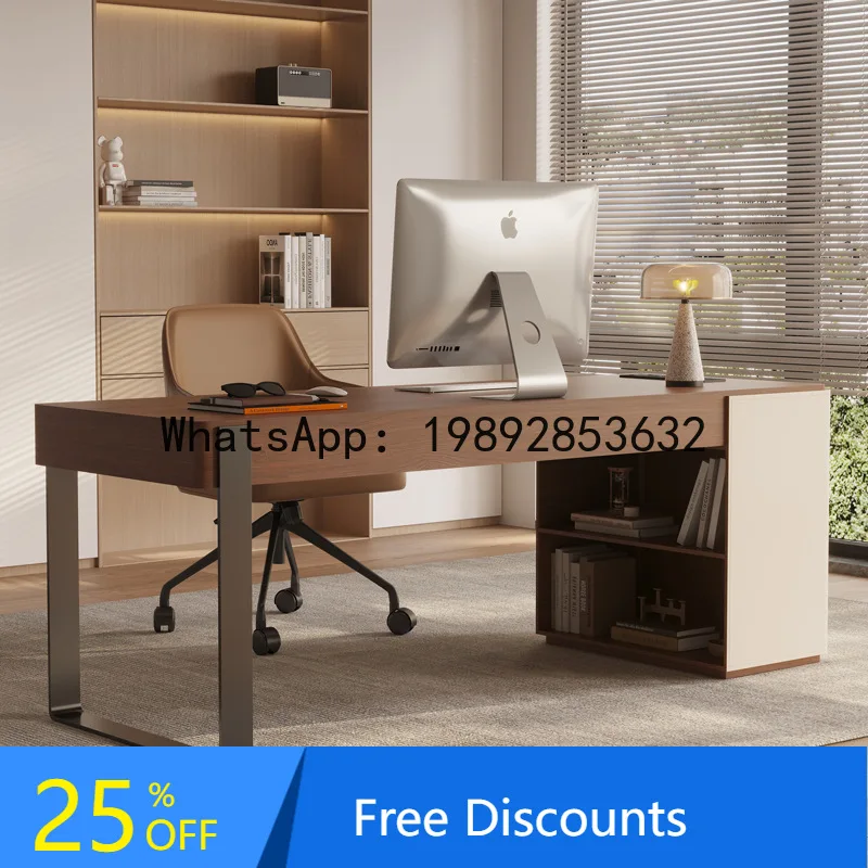 CZ Vintage Style Solid Wood Desk Minimalist Home Study Office Desk High-end Saddle Leather Walnut Color Computer Desk