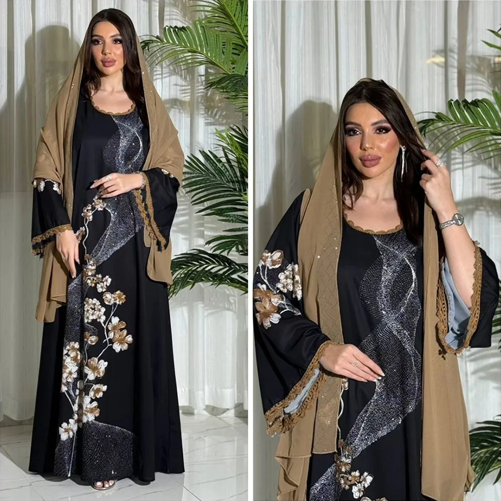 Vestido estampado em flores com faixa para mulheres, abaya hijab, véu, robe de diamantes, kaftan com renda, vestido longo muçulmano, moda, conjunto 2 peças