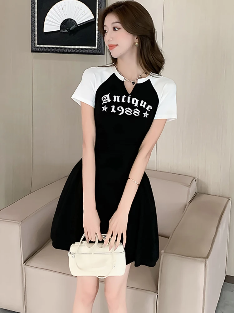 

Women Elegant Casual Preppy Style Short Dress Summer Black Patchwork White Short Sleeve Dress 2025 Korean Bodycon Print Dresses