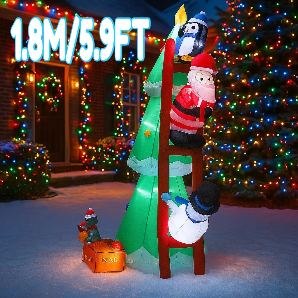 1.8M/5.9FT Inflatable Santa Claus Snowman Penguin Climbing Ladder Light LED Home Holiday Lighting Decoration Xmas Decor Supplies