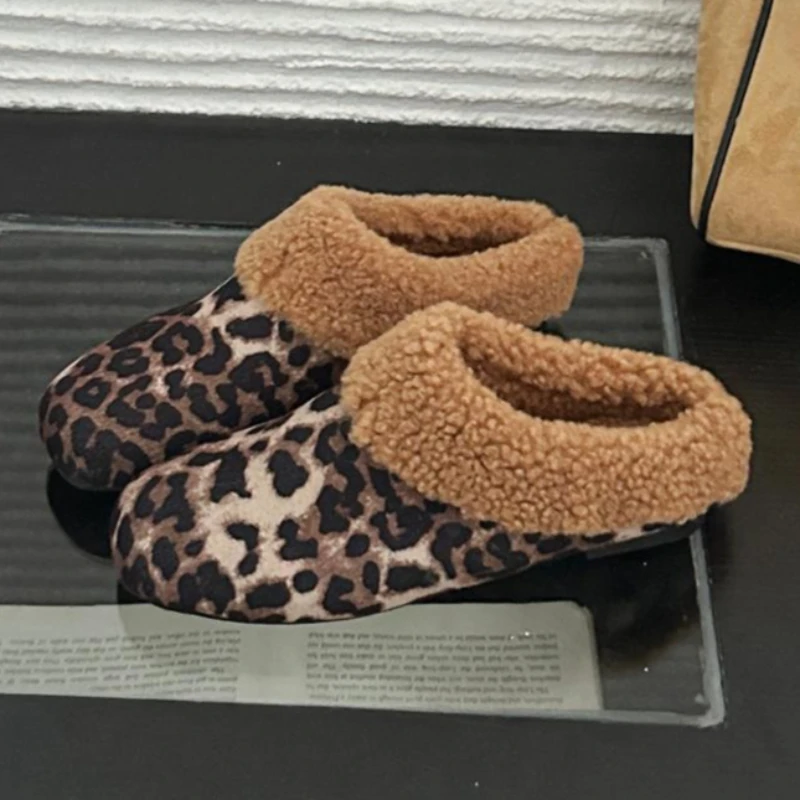 

Autumn Winter Warm Fluffy Cotton Slippers Women Fashion Leopard Print Faux Suede Casual Shoes Light Non-slip Comfort Women Shoes