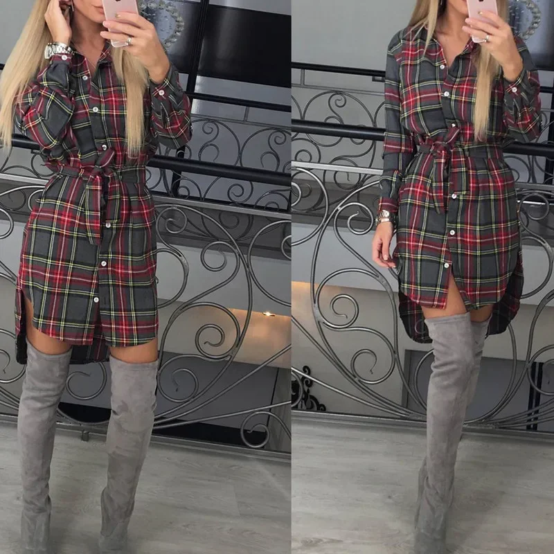 New Casual Belt Tops Femme Fashion Women\'s Long Sleeve Henley Color Block Plaid Tunic Shirt Dress Autumn Women Tee Shirts Blouse