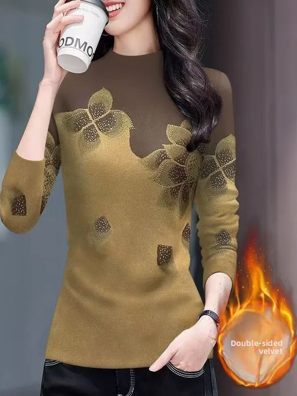 

Fashionable Mommy Double-sided Velvet Long Sleeve Half-high Collar Base Shirt Women's Autumn Winter Warm Versatile Top