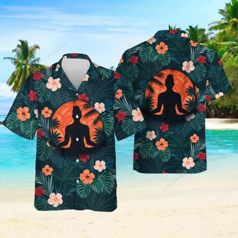 2024 Summer Men's Yoga Meditation Shirt Hawaii Beach Loose Breathable Shirts Men's Summer Daily Street Fashion Tees Tops Lapel