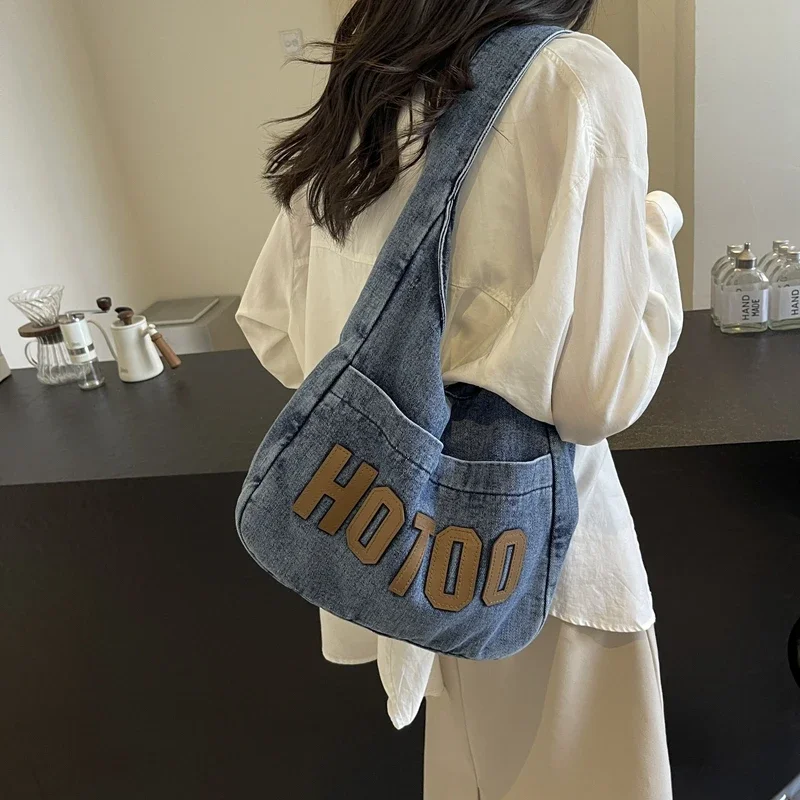 

Letter Print Denim Women's Bag 2024 New Jeans Handbag Canvas Shoulder Bag Messenger Bag Y2K Satchel Casual Eco Bag Korean Hobos