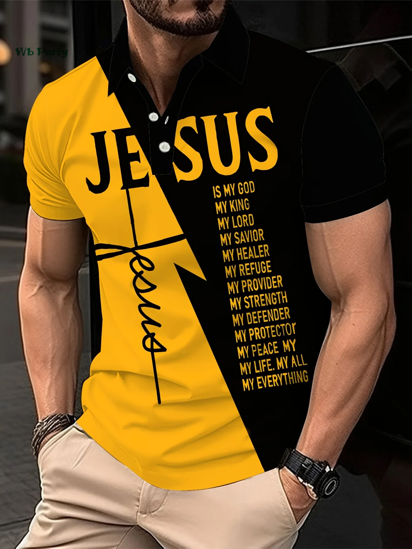

Men's Short Sleeve Lapel Polo Christian Text Printed Colorblocked Shirt Easter Clothing Summer Outdoor Casual Button down Tops