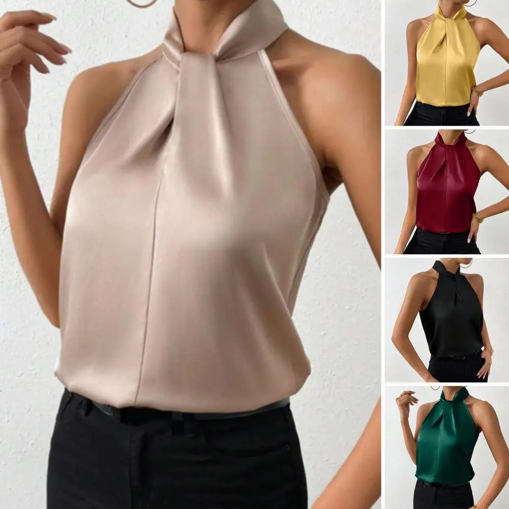 Women Top Elegant Satin Tank Tops for Women Blouse with Halter Neck Loose Fit Office Vest Smooth Imitation Silk Party Wear Solid