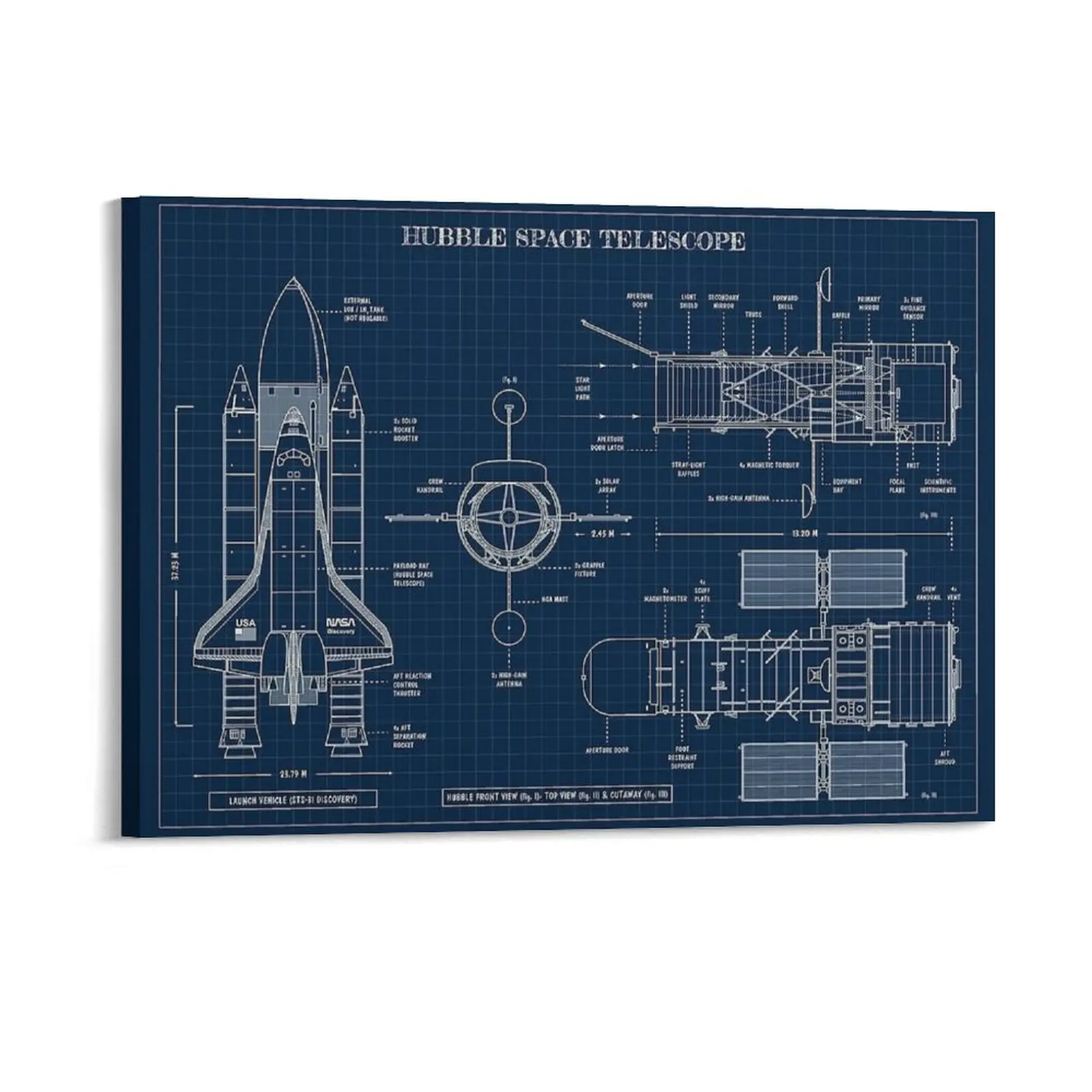 Hubble Space Telescope Navy Blueprint. Vertical Saturn V Apollo Crewed Lunar Expedition Painting Cinema Framed Wall Paintings