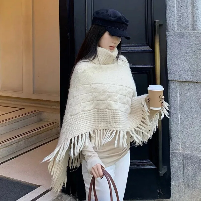 Women Lazy Style Cable Knit Poncho Autumn Turtleneck Fringe Cape Shawl Loose Sweater Cover Up