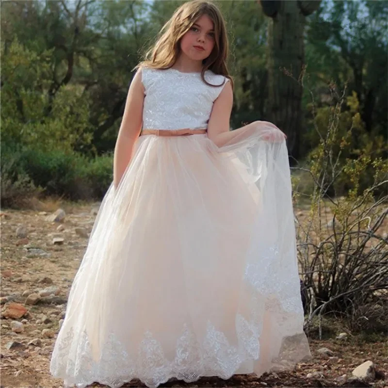 Платье для девочки с цветами, элегантное кружевное Тюлевое платье без рукавов с блестками в пол, платье для первого Святой причастия на Рождество, день рождения