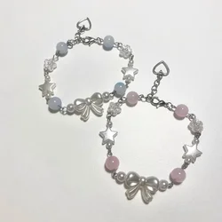 Handmade Coquette bracelet/Friendship jewelry/Beaded bow imitation pearl jewelry/Minimalist jewellery/Star charm beads/Gift idea