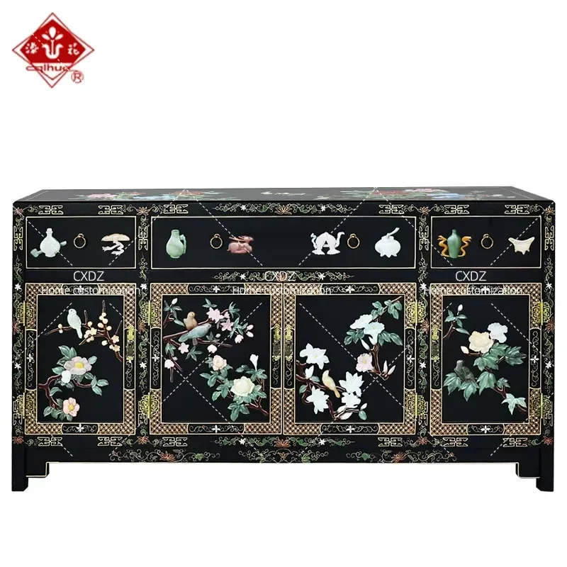 Chinese Traditional Lacquer Flower Bone Inlay Side Cabinet with 3 Drawers and 4 Doors for Entryway Living Room Multi Scene